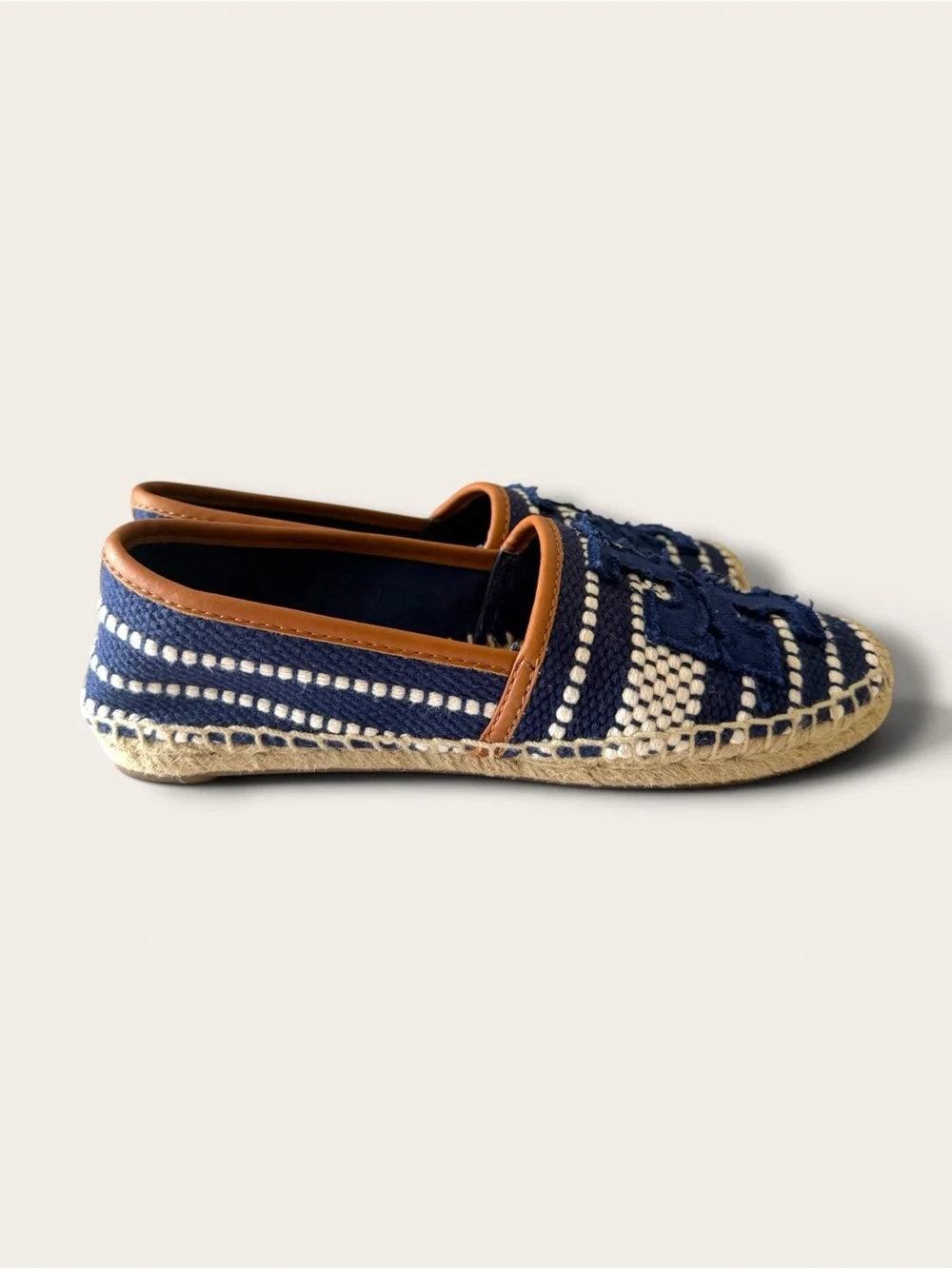 Tory Burch Navy and Cream Woven Espadrille Flats